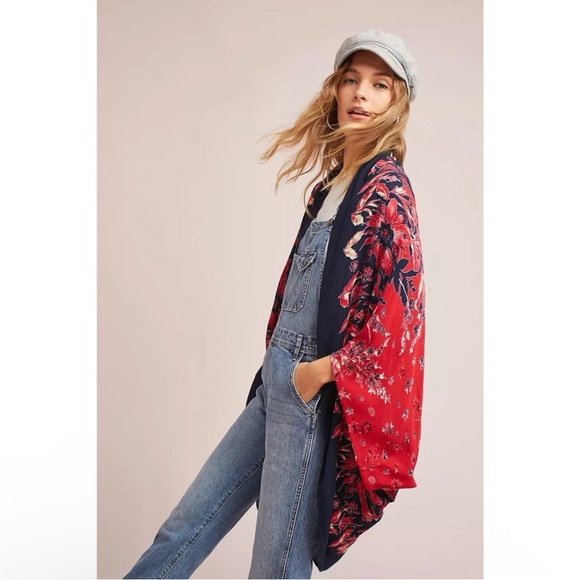 Anthropologie Floreat Annalisa Red Floral Cocoon Kimono One Size NWT